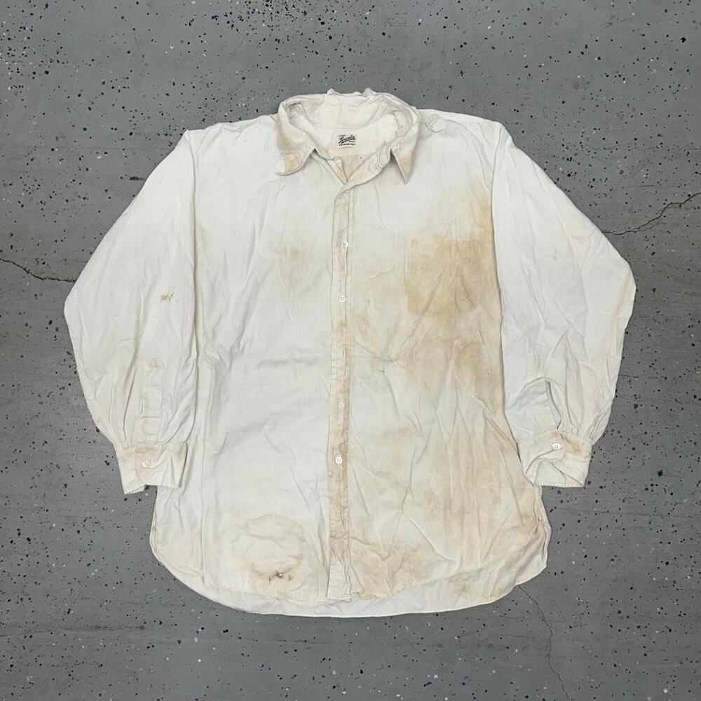White distress/thrash vintage 50s fast color cotton button-up shirt